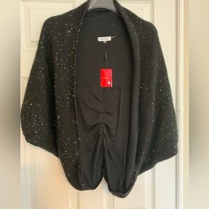 NWOT GORG Calvin Klein Knit Shrug/Black Knit Sequins Front/Back, Ruched, L